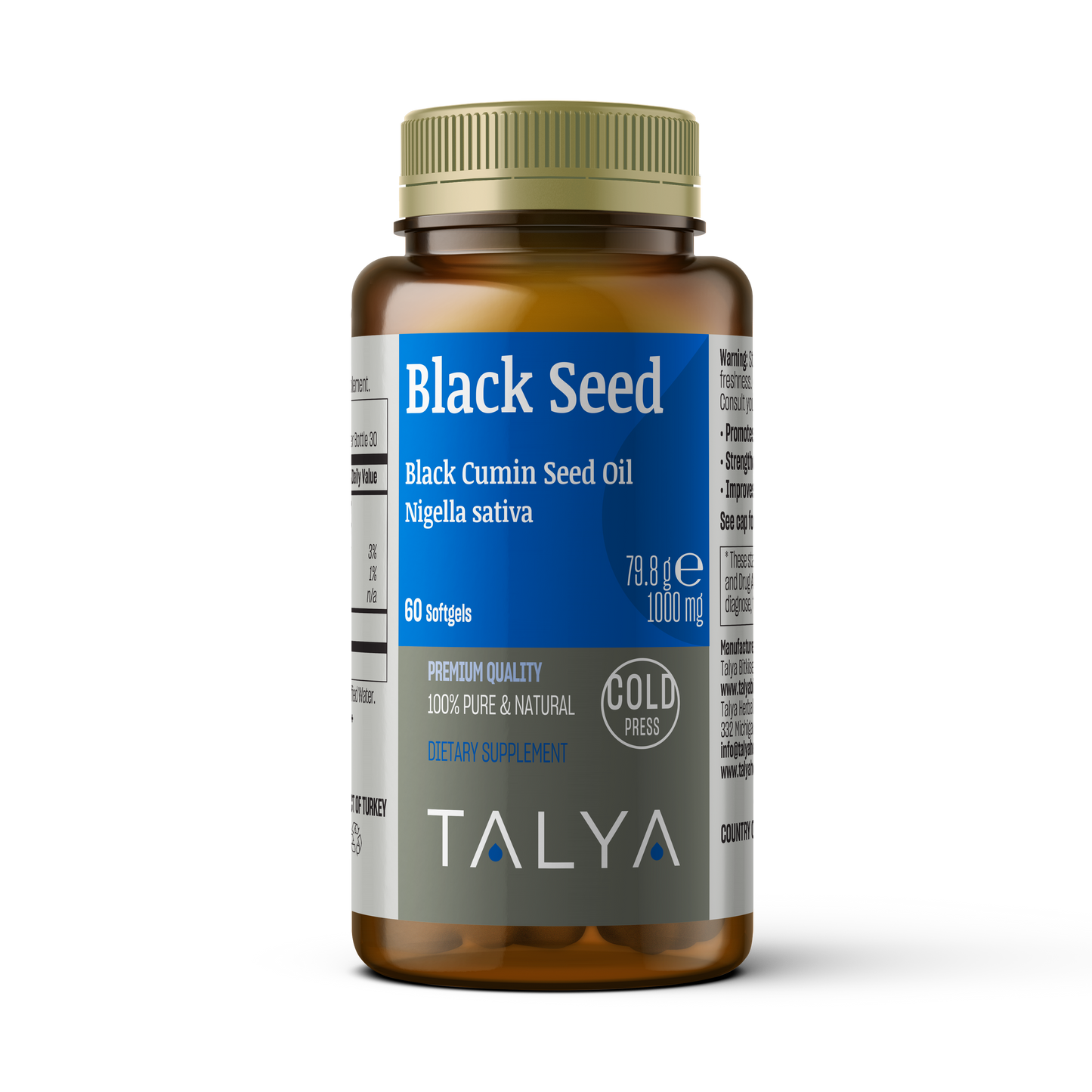 TALYA Black Seed Oil Softgel with High Thymoquinone - Cold-Pressed -  60 Capsules (Nigella Sativa)