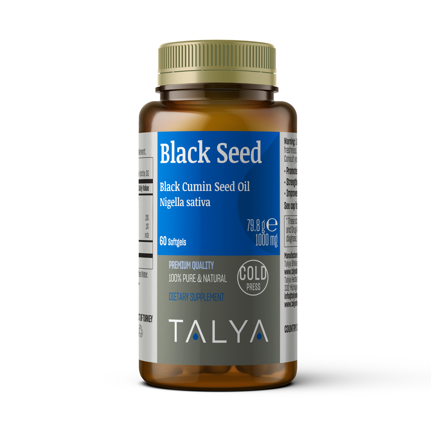 TALYA Black Seed Oil Softgel with High Thymoquinone - Cold-Pressed -  60 Capsules (Nigella Sativa)